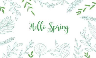 Wall Mural - spring hello greeting clipart background. hello spring text with drawing flowers and leaves outline 