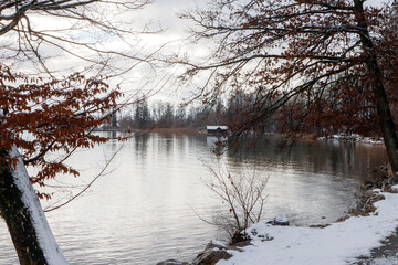 Wall Mural - Winter lake with a fisherman’s cabin