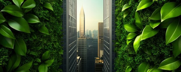 Canvas Print - A vibrant cityscape framed by lush greenery, showcasing skyscrapers and a hint of urban life against a backdrop of nature.