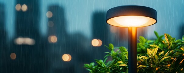 Wall Mural - A serene urban scene featuring a glowing lamp amidst rain, with blurred city lights and lush greenery in the foreground.