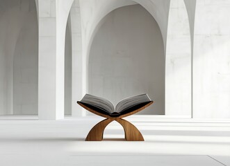 Sticker - Quran on a wooden stand in a modern mosque interior, with a blurred background and copy space. Concept of holy scripture. Stock photo contest winner, 