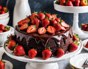 Canvas Print - Decadent Chocolate Strawberry Cake: Gourmet Dessert with Rich Ganache and Fresh Berries