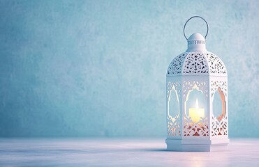 Poster - Ramadan background, in a color of white, with ample copy space for text and graphics, featuring an elegant lantern in the center, soft lighting to accentuate its intricate design, 