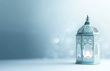 Poster - Ramadan background, in a color of white, with ample copy space for text and graphics, featuring an elegant lantern in the center, soft lighting to accentuate its intricate design, 