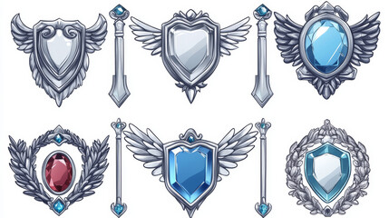 Game level silver badges, metallic ui icons, empty steel banners with wings, gem stones or iron wreath. Isolated metal award frames or bonus graphic elements, trophy achievement vector set for rpg