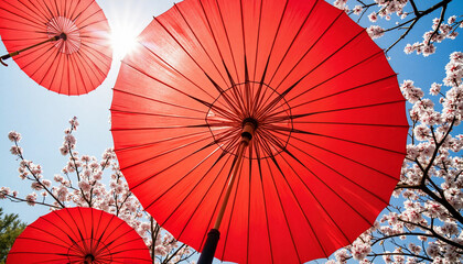 Vibrant red umbrellas beneath blossoming trees at a festival, cultural celebration