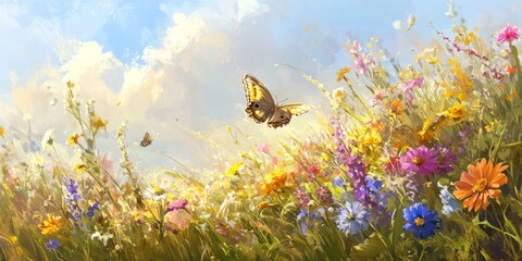 Wall Mural - Summer sunshine illuminates a vibrant meadow, where a delicate butterfly gracefully flits among the colorful flowers, creating a picturesque scene in this enchanting meadow setting.