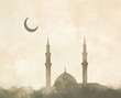 © MUdaylah - Ramadan background with ample copy space, featuring two minarets and the crescent moon in the sky, in muted tones of cream, beige, and grey, simple yet elegant