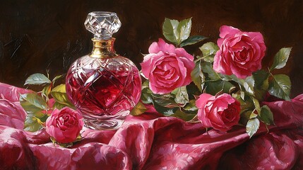 Wall Mural - Crystal decanter with red liquid and pink roses on silk