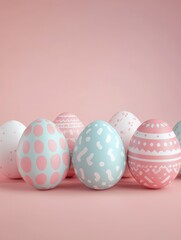 Wall Mural - 3D Illustration. Easter eggs with different patterns on pastel color isolated background. Happy Easter concept.