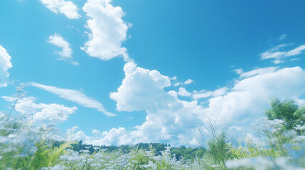 Wall Mural - High voltage transmission towers on green grassland at sunny summer day view of city in daylight with sun and blue sky background

