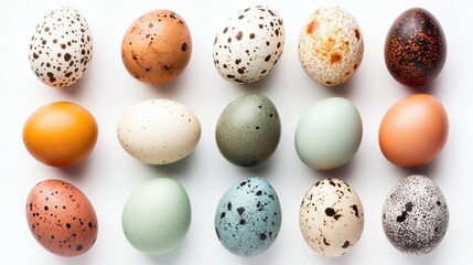 Sticker - Colored eggs flat lay on a white background. Easter and spring composition.