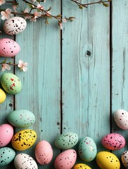 Wall Mural - Easter background. Colorful easter eggs on. wooden background.