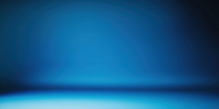 Panoramic abstract blue wall background for product presentation with sunlight and blurred shadows wall. Podium studio background