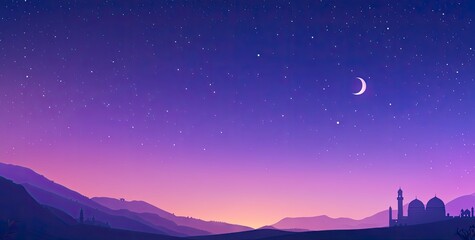 Wall Mural - Vector illustration of a purple gradient night sky with stars and moon, a mosque silhouette in the bottom right corner, at the center top, colorful. 