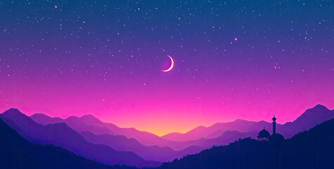 Wall Mural - Vector illustration of a purple gradient night sky with stars and moon, a mosque silhouette in the bottom right corner, at the center top, colorful. 