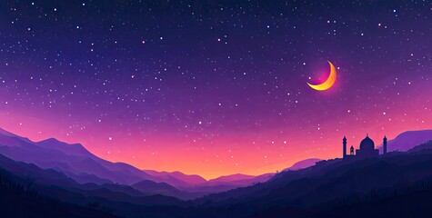 Wall Mural - Vector illustration of a purple gradient night sky with stars and moon, a mosque silhouette in the bottom right corner, at the center top, colorful. 