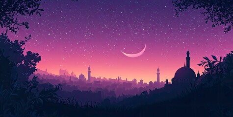 Wall Mural - Vector illustration of a purple gradient night sky with stars and moon, a mosque silhouette in the bottom right corner, at the center top, colorful. 