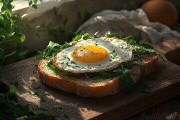 Wall Mural - Sunny-side up egg on toasted bread with arugula.