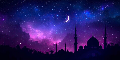 Wall Mural - Vector illustration of a purple gradient night sky with stars and moon, a mosque silhouette in the bottom right corner, at the center top, colorful. 