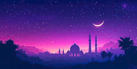 Wall Mural - Vector illustration of a purple gradient night sky with stars and moon, a mosque silhouette in the bottom right corner, at the center top, colorful. 