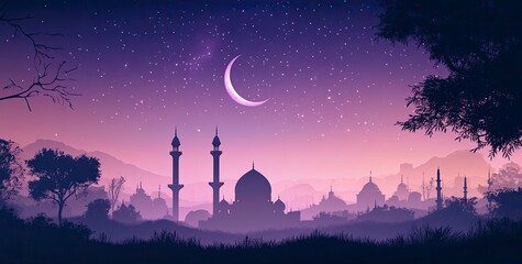 Wall Mural - Vector illustration of a purple gradient night sky with stars and moon, a mosque silhouette in the bottom right corner, at the center top, colorful. 