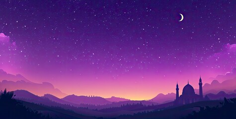 Wall Mural - Vector illustration of a purple gradient night sky with stars and moon, a mosque silhouette in the bottom right corner, at the center top, colorful. 