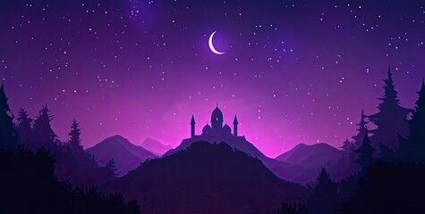Wall Mural - Vector illustration of a purple gradient night sky with stars and moon, a mosque silhouette in the bottom right corner, at the center top, colorful. 
