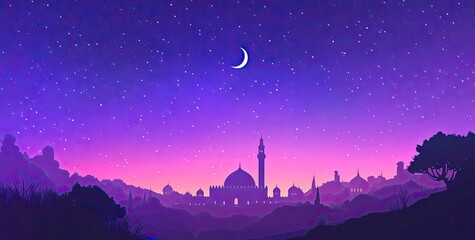Wall Mural - Vector illustration of a purple gradient night sky with stars and moon, a mosque silhouette in the bottom right corner, at the center top, colorful. 