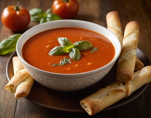 Sticker - Warm Tomato Soup with Basil and Breadsticks: Rustic Italian Comfort Food