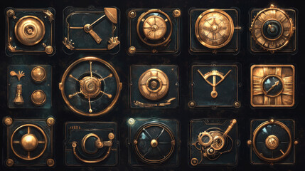 Set of user interface elements for mobile games, steampunk style