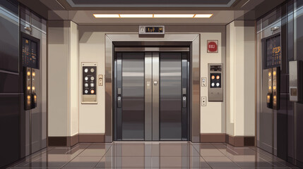 Open and closed elevator doors in office hallway. Vector realistic empty modern interior with lift, metal panel with buttons and floor display on wall in hall of hotel or house