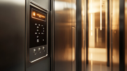 Open and closed elevator doors in office hallway. Vector realistic empty modern interior with lift, metal panel with buttons and floor display on wall in hall of hotel or house