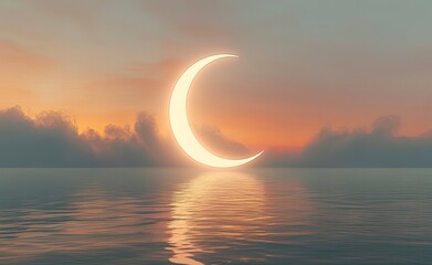 Sticker - White, glowing crescent moon with a halo and fog on the calm sea surface against a sunset sky background. This nature scene evokes an abstract concept of a new beginning, spring or summer season, 