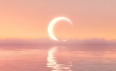Wall Mural - White, glowing crescent moon with a halo and fog on the calm sea surface against a sunset sky background. This nature scene evokes an abstract concept of a new beginning, spring or summer season, 