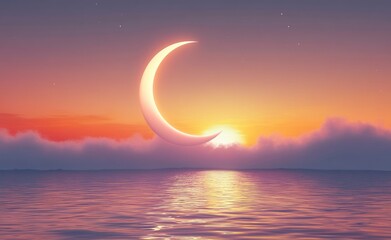 Wall Mural - White, glowing crescent moon with a halo and fog on the calm sea surface against a sunset sky background. This nature scene evokes an abstract concept of a new beginning, spring or summer season, 