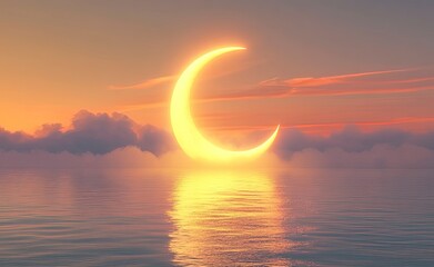 Wall Mural - White, glowing crescent moon with a halo and fog on the calm sea surface against a sunset sky background. This nature scene evokes an abstract concept of a new beginning, spring or summer season, 