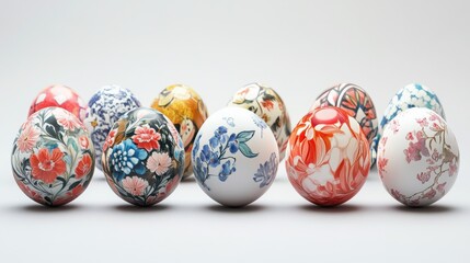 Wall Mural - Illustration of easter eggs with colorful designs on a white background