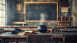 © Sahraya - Magic school, classroom interior with wooden desks for pupils and teacher, blackboard with chalk writings. Cauldron with potion, witch hat, spell book, wizard wand, broom. Cartoon vector illustration