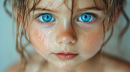 Wall Mural - Close-Up Portrait of a Young Child with Bright Blue Eyes and Water-Drenched Face, Capturing Innocence and Emotion in Natural Light