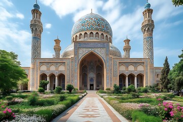 Ornate mosque with blue dome, gardens, and walkway.