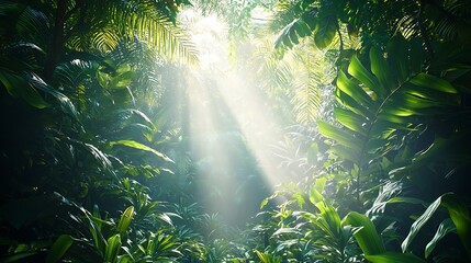 Wall Mural - World forest day concept, Serene Forest with Radiant Sunlight Filtering Through Lush Green Leaves and Vivid Flora