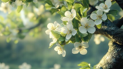 Blossoming apple tree branch in sunlit garden