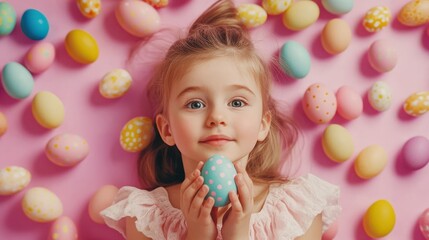 Wall Mural - Cute little child girl on Easter day hold easter egg in hand. Girl with painted eggs on bright background. Top view, Happy easter.