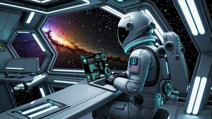 Leinwandbilder - Astronaut working on a futuristic computer in a spacecraft while observing the vast galaxy outside