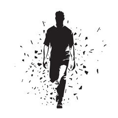 Wall Mural - Young man walking forward. Front view, isolated vector silhouette with dispersion effect. Ink drawing