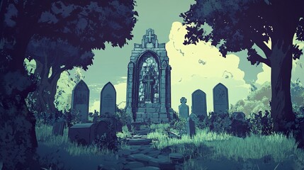 Wall Mural - Serene Graveyard Landscape: Gothic Architecture and Stone Crosses