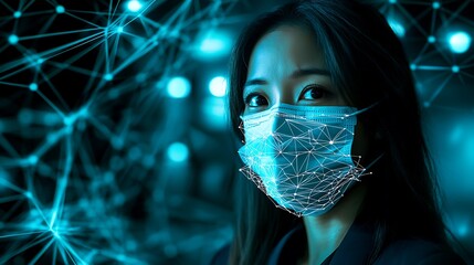 Wall Mural - Woman in mask with network graphic, health tech