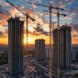 © สมชัย ้พาลแก้ว - Beginning of construction of a new modern residential complex. Several residential buildings at the beginning of construction and high-rise cranes against the backdrop of a beautiful sky.