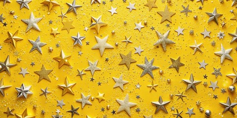 Wall Mural - A festive pattern of gold and silver stars scattered on a vibrant yellow background